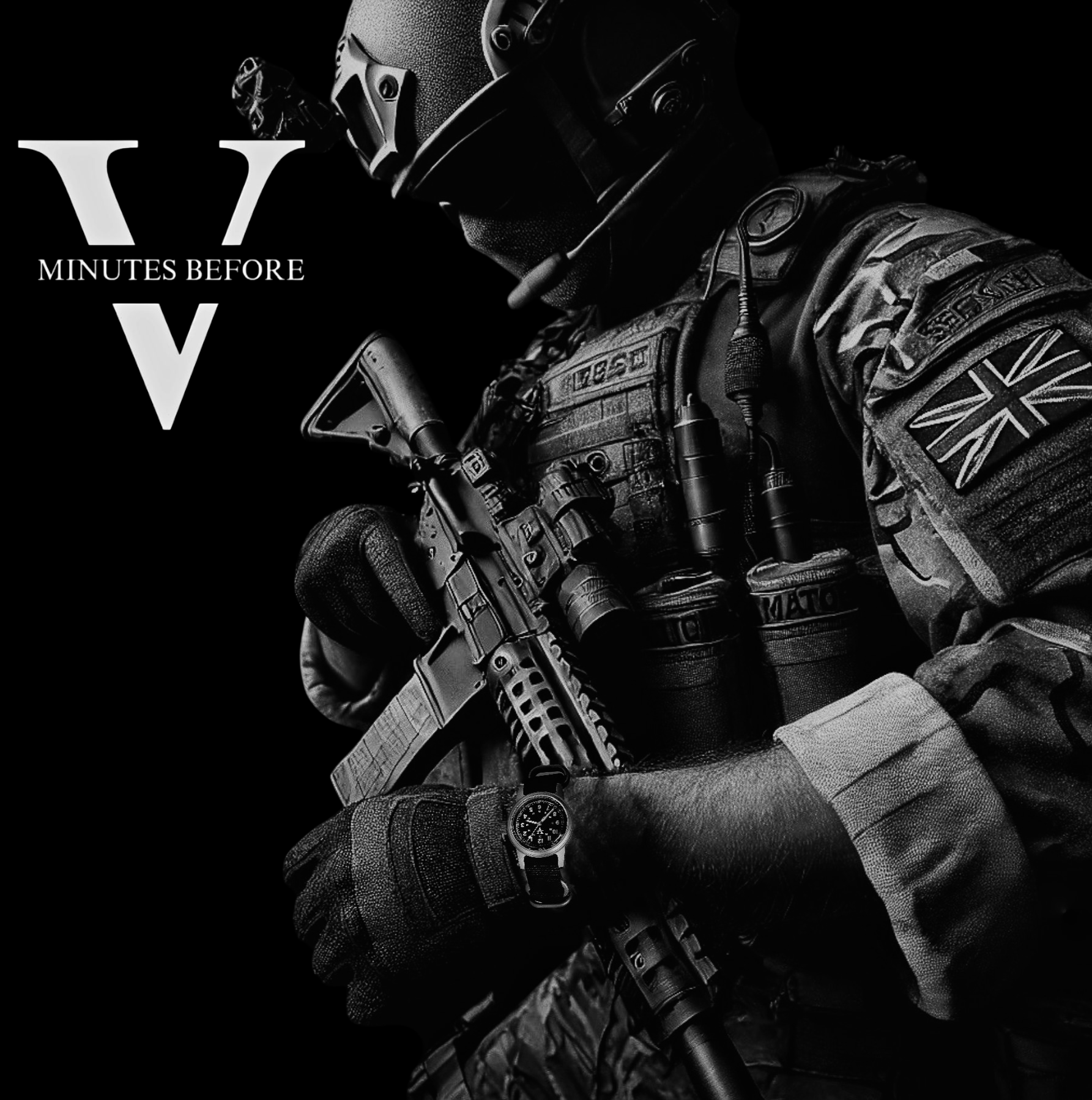 "Tactical military watch worn by elite special forces operator, featuring rugged design, precision timekeeping, and durable construction for combat missions – Five Minutes Before timepiece."